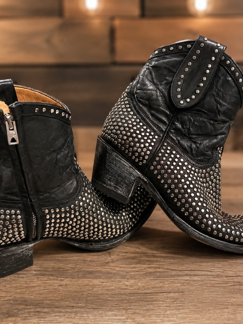 Old Gringo Mexicana Distressed Studded Black Leather Ankle Boots